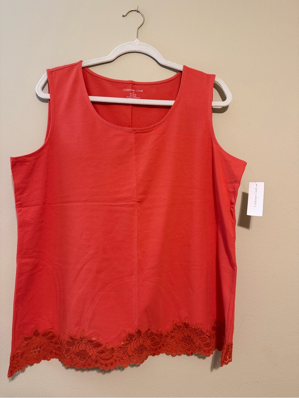NWT Coldwater Creek Lace Tank 1X 18 Orange Cotton Stretch Plus Size